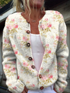 Fresh Pink Flowers and Green Leaves Print | Buttoned Cardigan Sweater