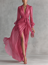 Elegant long pink chiffon dress with pearls and V-neck for women