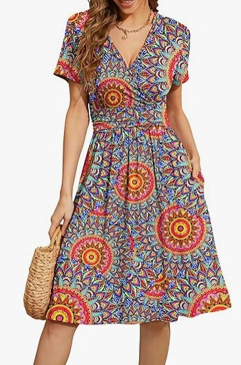V-Neck A Line Mid Calf Dress Women Casual