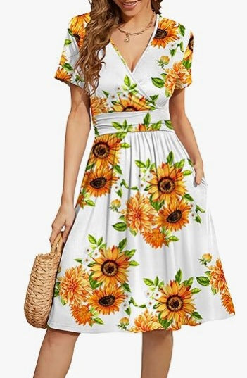V-Neck A Line Mid Calf Dress Women Casual