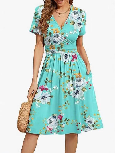 V-Neck A Line Mid Calf Dress Women Casual