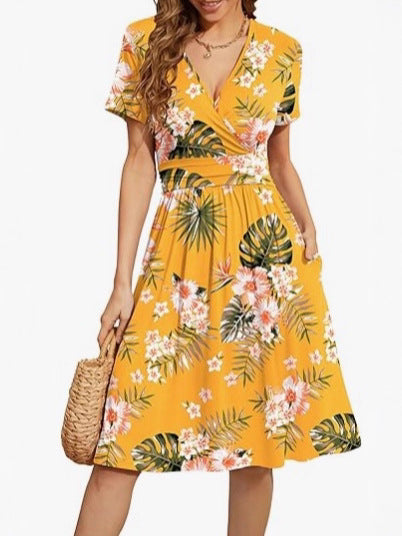 V-Neck A Line Mid Calf Dress Women Casual