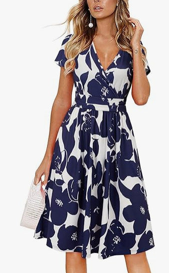 V-Neck A Line Mid Calf Dress Women Casual