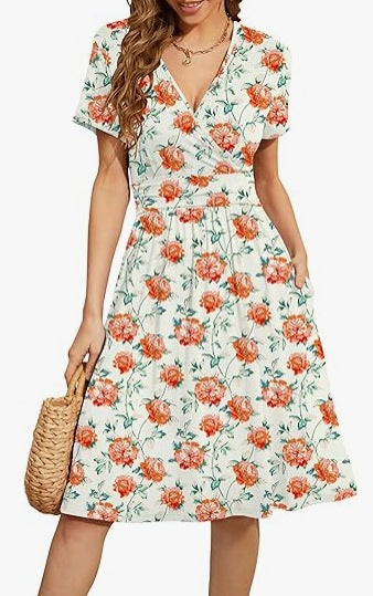 V-Neck A Line Mid Calf Dress Women Casual
