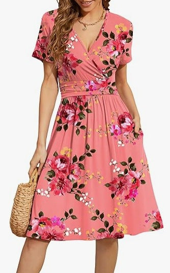 V-Neck A Line Mid Calf Dress Women Casual