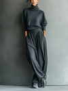 Women's Charcoal Knit Set with High Neck and Wide Leg Pants